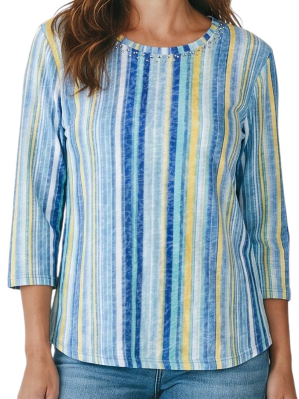RUBY RD. Blue Teal Yellow Striped 3/4 Sleeves Top - Petite Large